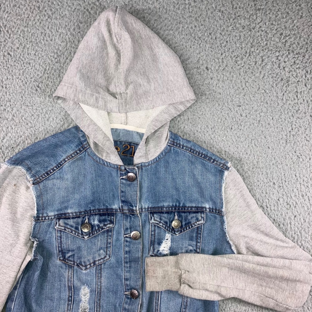 Mixed Media Denim Jacket Women S Blue Distressed Hooded Grunge Punk y2k‎ Stained